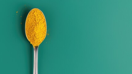 Spices spoon filled with vibrant curry powder, yellow tones popping against a deep green background, copy space at the top, advertising background
