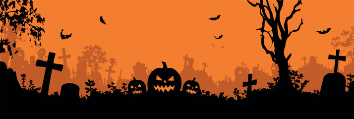 Halloween Graveyard Silhouette Vector Banner