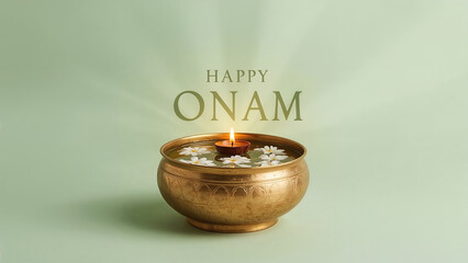 Brass uruli with jasmine flowers and lit diya centered over semi-transparent “HAPPY ONAM” text, softly masked by the bowl’s curve. Sage green gradient background with light rays and shadow depth.