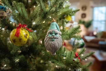 A close-up of a Christmas tree adorned with a whimsical Santa ornament and a yellow bauble with a red bow
