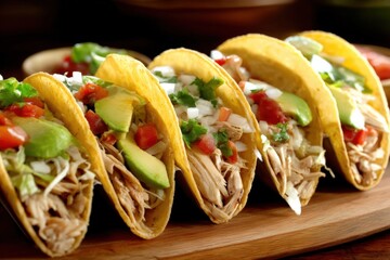 A row of hard-shell tacos filled with shredded chicken, avocado slices, diced tomatoes, onions, and cilantro, arranged on a wooden board