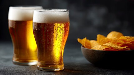 Two foamy beers stand near a bowl of chips on a dark stone surface