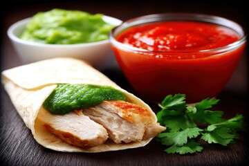 A succulent chicken wrap with green chili sauce, served with vibrant red salsa and creamy guacamole, garnished with fresh cilantro