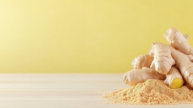 Visually striking splash of ground ginger against a pale yellow background, copy space at the bottom, advertising background