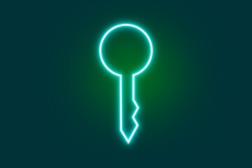 Neon blue glowing key icon with green aura on dark background. Futuristic digital security symbol for UI, apps, and tech graphics