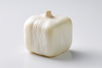 A cube-shaped garlic head with a smooth surface is the result of genetic modification and bioengineering, showing detailed textures and soft lighting on a white background.