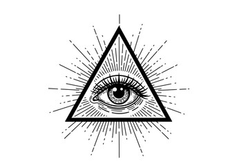 All-Seeing Eye in Triangle with Rays Black and White Illustration.