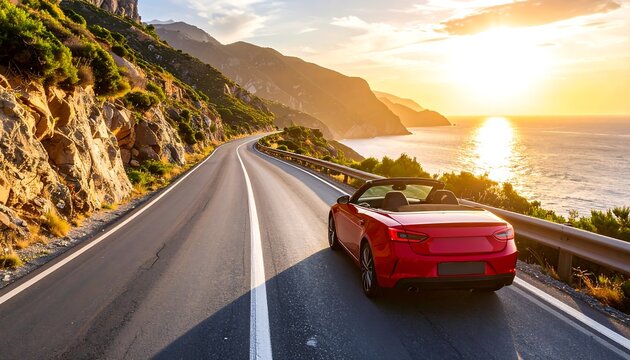 Red convertible car driving along coastal road near ocean cliffs at sunset golden hour scenic view