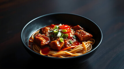 A steaming black bowl of spicy ramen topped with seared salmon, green onions, and red chilies&mdash;rich broth, bold flavor, and elegant chopsticks complete this savory scene.

