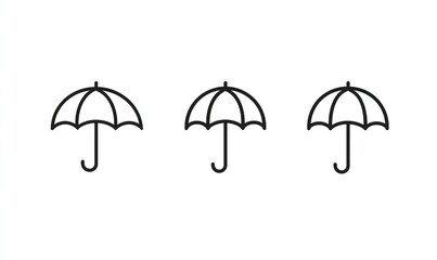 Three icons of umbrellas in different styles: simple line art, vector style, on a white background with black lines, Generative AI.