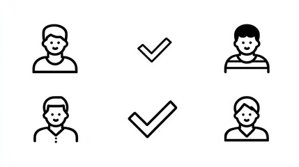 Two simple vector icons depicting a user with a checkmark, against a white background, with black line art, Generative AI.