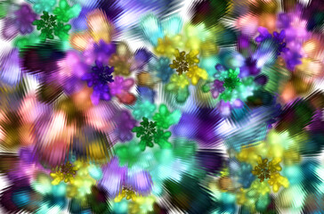 Abstract colorful floral fractal background. Multicolored flowers unwind in spirals. Rays radiate from the flowers. Corrugated glass effect. 3D rendering. 3D illustration.