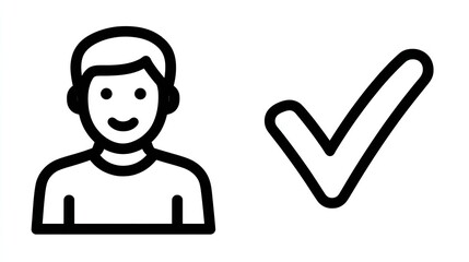 Two simple vector icons depicting a user with a checkmark, against a white background, with black line art, Generative AI.