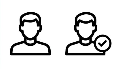 Two simple vector icons depicting a user with a checkmark, against a white background, with black line art, Generative AI.