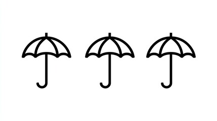 Three icons of umbrellas in different styles: simple line art, vector style, on a white background with black lines, Generative AI.