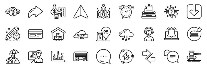 Fototapeta premium Reminder, Presentation board and Parking garage line icons pack. Share, Message, Paper plane icons. Cloud computing, Text message, Auction hammer web icon. Vector