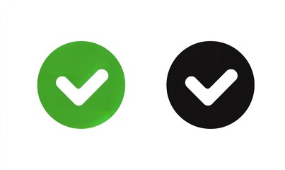 Vector icon of a checkmark in a green circle and a black circle, on a white background. Simple, flat vector design with minimalistic shapes, Generative AI.