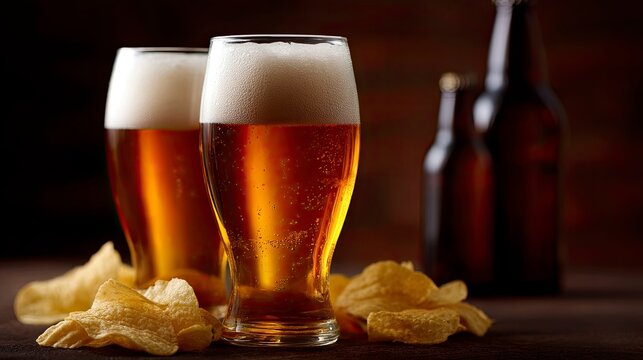 Two glasses of beer sit beside chips Two blurred bottles stand in the background - Powered by Adobe