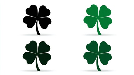 Vector Set of Four-Leaf Clover Icons in Green and Black for St. Patrick’s Day, Flat Design, Generative AI.