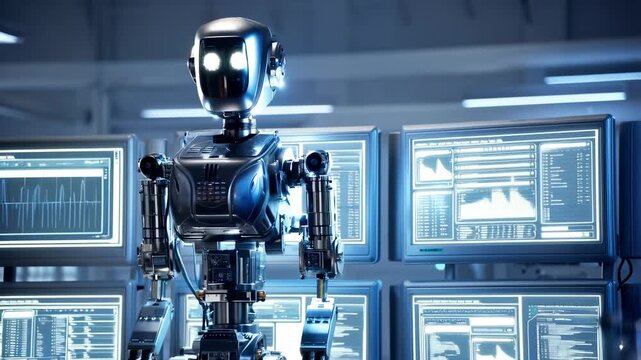 Robot is standing of row of computer monitors. robot is surrounded by screens displaying various data and information. Concept of technology and automation, ai. monitors display data and graphs.