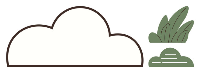Large outlined cloud with soft curves, bush with leaves, and small green shrub. Ideal for nature, simplicity, environment, eco-friendly, minimalism weather abstract themes. Clean flat metaphor