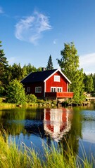Obraz premium Red cottage by a lake