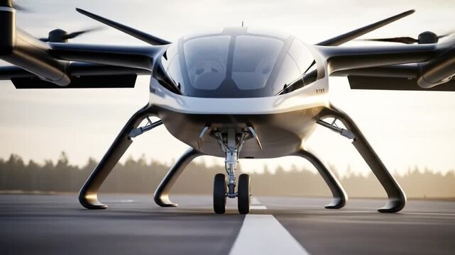 A futuristic electric vertical takeoff and landing evtol aircraft sits on an airfield, ready for flight