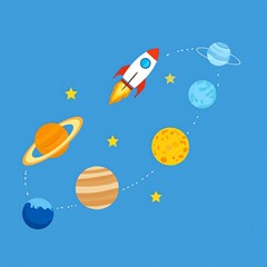 Colorful space scene with planets and rocket