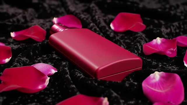 Dark red perfume bottle with rose petals