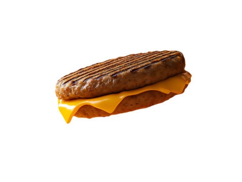 A savory grilled sausage patty with a slice of melted cheese on a toasted bun isolate