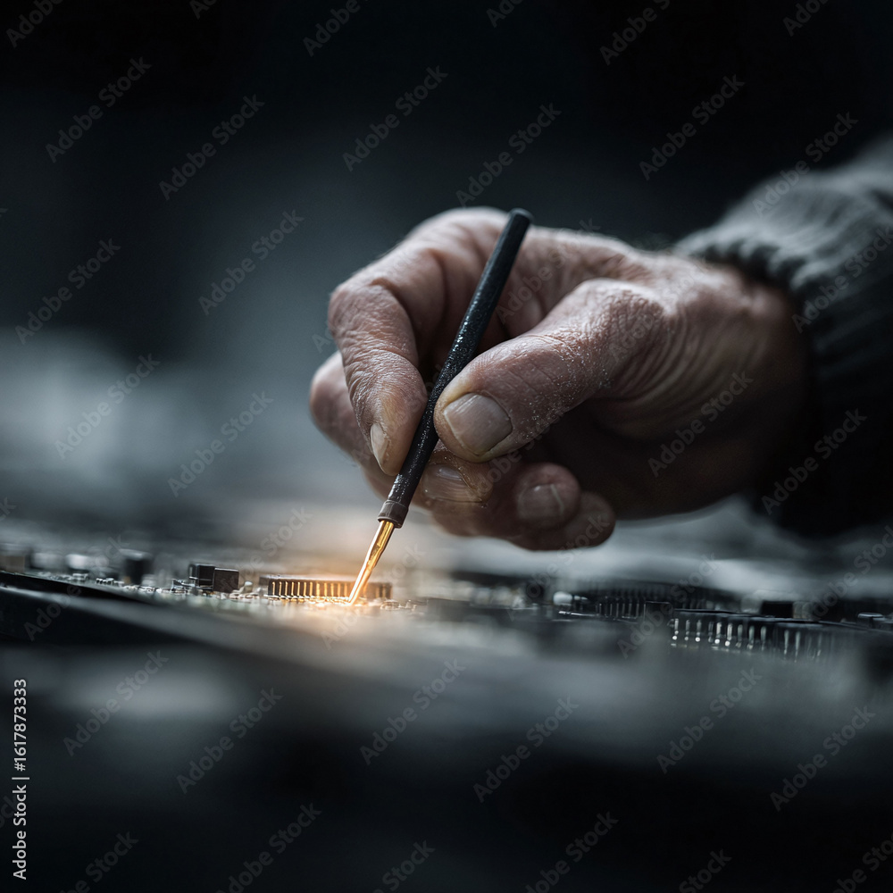 Wall mural closeup of aged hands meticulously working on a complex circuit board with a fine tool. symbolizes p