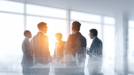 Business meeting with data overlay. Illustrates strategy, vision, and finance. Perfect for corporate presentations and financial reporting visuals.