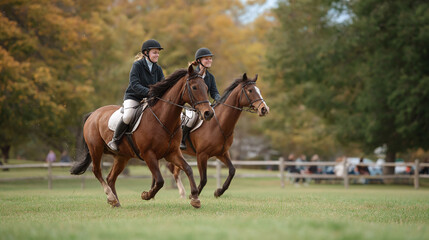 Two smiling women horseback riding across a lush green field on a sunny day, fall foliage in background. Ideal for equestrian, lifestyle,  outdoor themed projects.