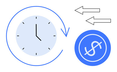 Clock with surrounding arrow, dollar symbol, and directional arrows. Ideal for time management, finance, productivity, savings, investment economic efficiency sustainability. Simple flat metaphor