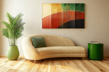 Modern living room with curved sofa and abstract art