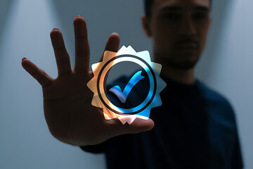 Man s hand displays glowing verified badge with checkmark
