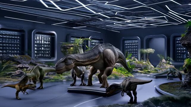Life-size dinosaur robots move realistically through museum exhibit, prehistoric environments. paleontology and modern robotics. mechanical dinosaurs breathe and snarl in perfect synchronization.