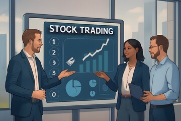 Diverse Business Team Analyzing Stock Market Trends on Digital Whiteboard with Crypto Icons in Modern Office Setting