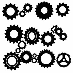 Black Silhouette Gears and Cogs Vector Illustration on White Background, Representing Industrial Process, Teamwork, and Mechanical Concepts