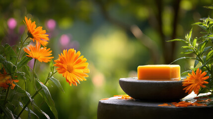 Turmeric soap with bright orange flowers in a tranquil, natural setting.
