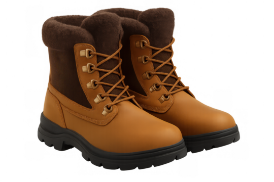 Winter boots with brown leather, soft fur trim, thick treaded soles resting on clean white background, showcasing footwear design details
