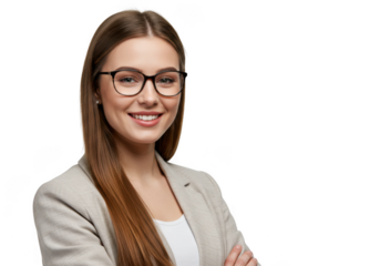Young woman wearing glasses and blazer smiling isolated on transparent background