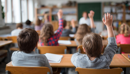 Children seated at desks with hands raised eagerly in a classroom, students participating, answering questions, attentive and curious, rows of chairs, engaged pupils volunteering with upward arms.