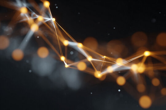 Abstract network of glowing dots connected by lines on a dark background. Represents connectivity, technology, data, science, and modern innovation.