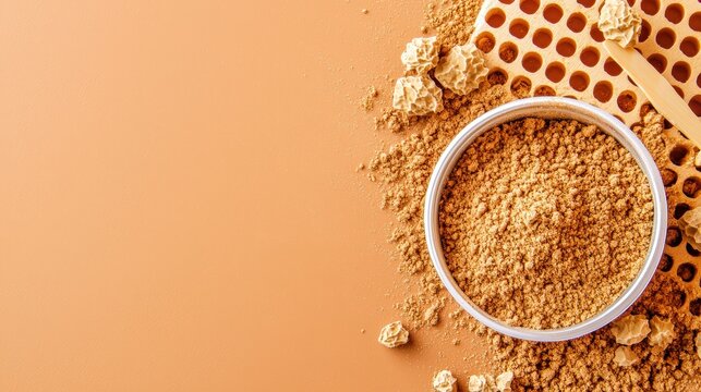 Visually striking splash of ground cumin against a warm terracotta background, copy space on the right, advertising background