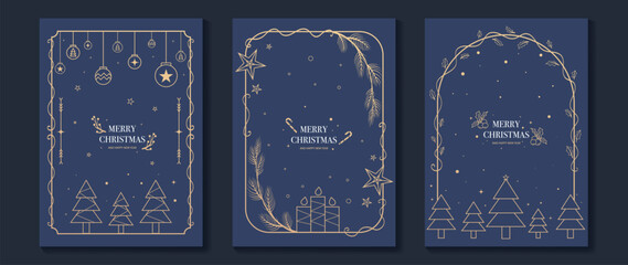 Christmas greeting card vector poster set. Happy new year background template with gold line christmas tree pine leaves bauble candle and art deco element. Design for season holidays, cover, poster.