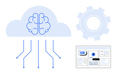 Brain embedded in a cloud with connecting data lines, next to a gear and dashboard. Ideal for AI, machine learning, cloud computing, data analysis, automation, technology innovation. Minimalist flat