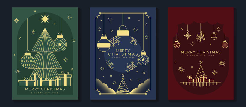 Christmas greeting card vector poster set. Happy new year background template with gold line christmas tree bauble gift snowflake holly and art deco element. Design for season holidays, cover, poster.