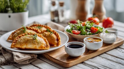 An appetizing fried pie served on a wooden board with bowls of sauces and a vibrant green salad with cherry tomatoes on a smooth wooden table.