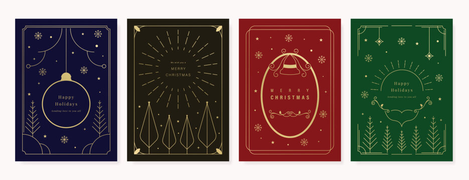 Christmas greeting card vector poster set. Happy new year background template with gold line christmas tree snowflake bauble and art deco element. Design for season holidays, cover, poster. - Powered by Adobe